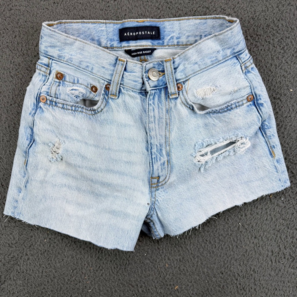 Aeropostale High Rise Baggy Distressed Denim Jean Shorts Light Size 000 Short